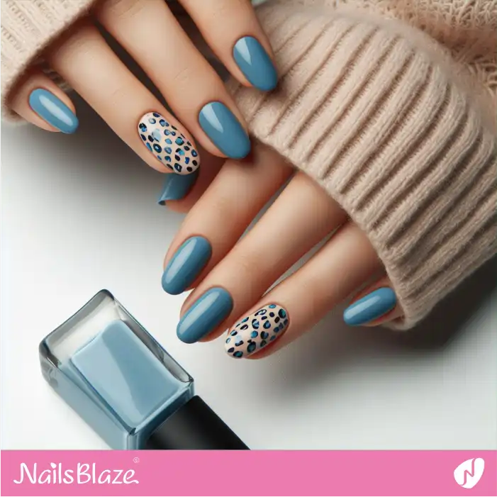 Simple Leopard Print Accents on Blue Nails | Animal Print Nails - NB2622